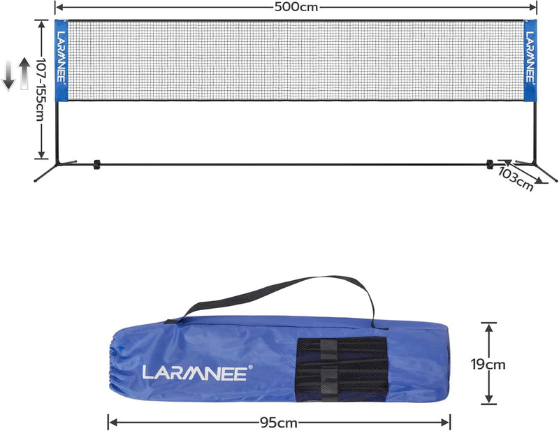 LARMNEE Badminton Netz, Tennisnetz, 300cm|400cm|500cm Federballnetz höhenverstellbar, Set bestehend