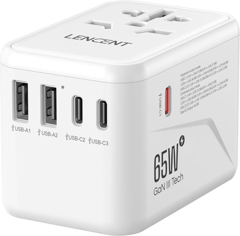 LENCENT Universeller Reiseadapter, GaN III 65W Internationales Ladegerät mit 2 USB-A&3 Typ-C PD Schn