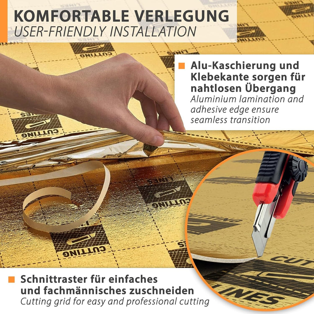 20m² Heizfilm-Unterlage Trittschalldämmung 1,5mm für Vinyl-Bodenbeläge, elastische Designbeläge mit