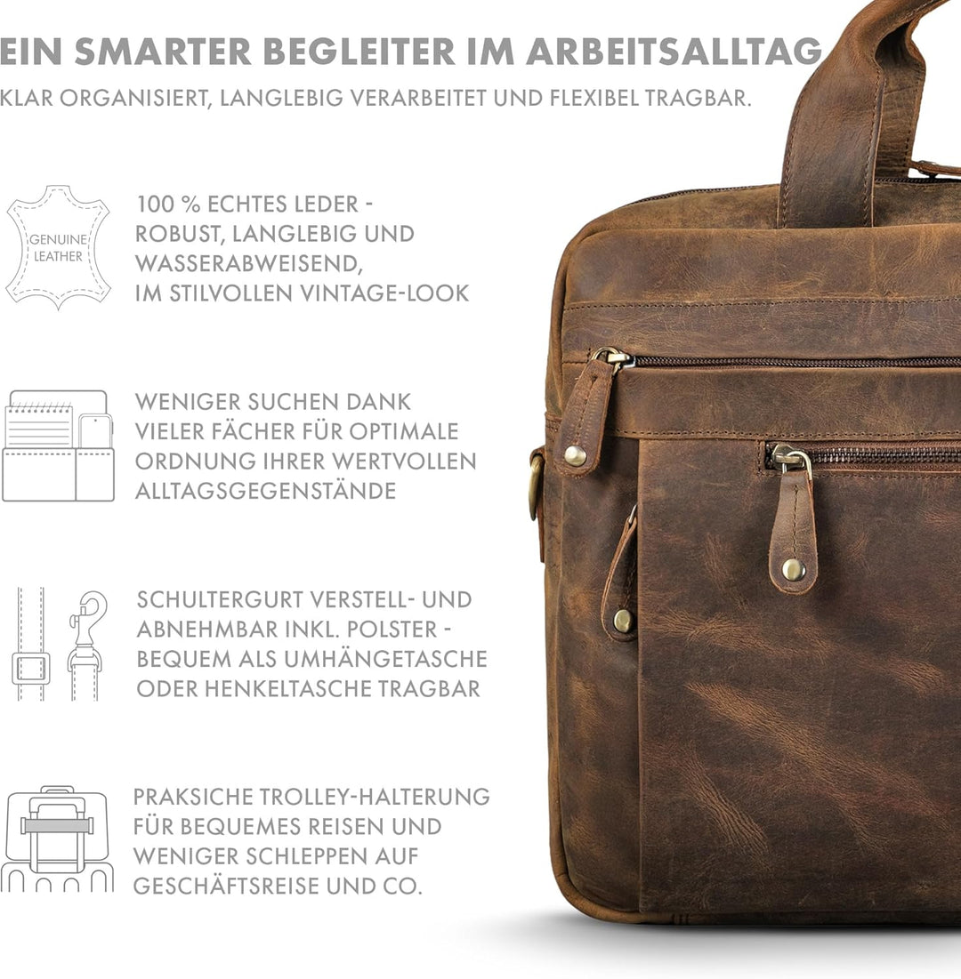 ROYALZ 'Boston' Umhängetasche Herren Leder gross 15,6 Zoll Laptoptasche Messenger Bag Männer Lederta