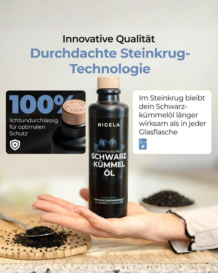 Nigela BIO Schwarzkümmelöl ungefiltert - Hoher Thymochinongehalt in 100% lichtgeschützer Keramikflas