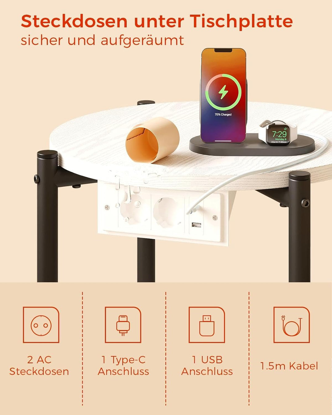 IRONCK Beistelltisch rund, Couchtisch mit Steckdose, Kleiner Tisch Holz, Wohnzimmertisch 2 Ablagen,S