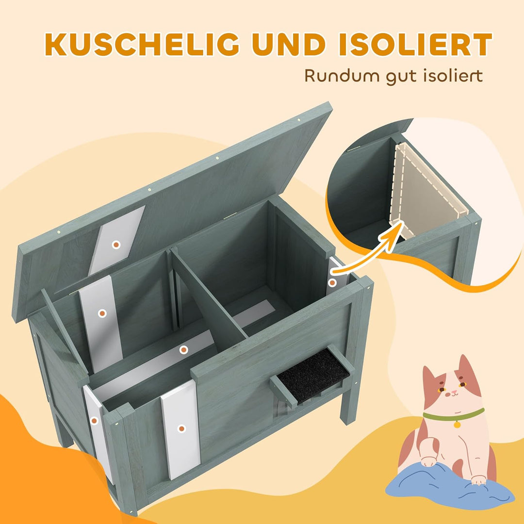 PawHut Katzenhaus aus Holz Winterfest wasserdicht Katzenhütte mit Asphaltdach Boden Füsse Katzenhöhl