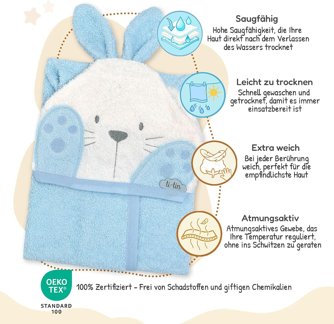 Ti TIN Kinder‑Bademantel mit Kapuze und Hasenohren – 100% Baumwolle, weich &amp; saugfähi, Grösse 6–12 M