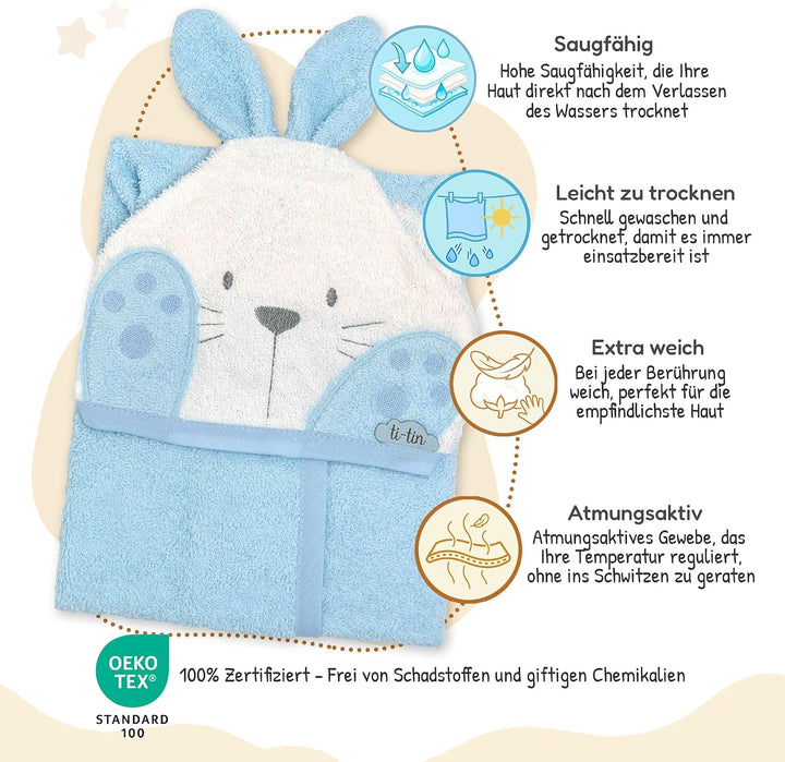Ti TIN Kinder‑Bademantel mit Kapuze und Hasenohren – 100% Baumwolle, weich &amp; saugfähi, Grösse 6–12 M