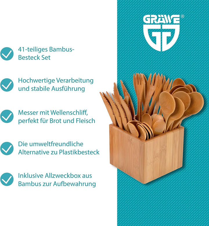 GRÄWE Bambusbesteck, 41-teilig, Partybesteck aus Holz für 10 Personen, Holzbesteck in Bambusbox, umw
