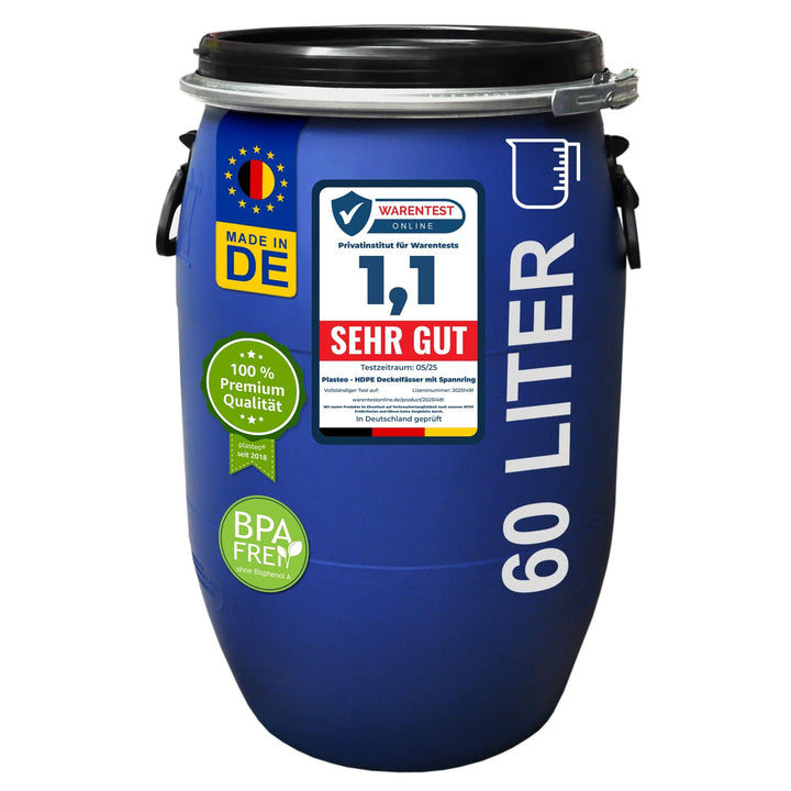 plasteo® 60 Liter Deckelfass Weithalsfass mit Spannverschluss | Futtertonne | Universalfass | Lagerf
