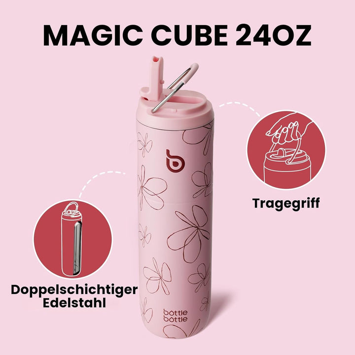 BOTTLE BOTTLE Isolierte Trinkflasche 680 ml(24oz) mit Strohhalm, Deckel und Griff für Sport, Reise,