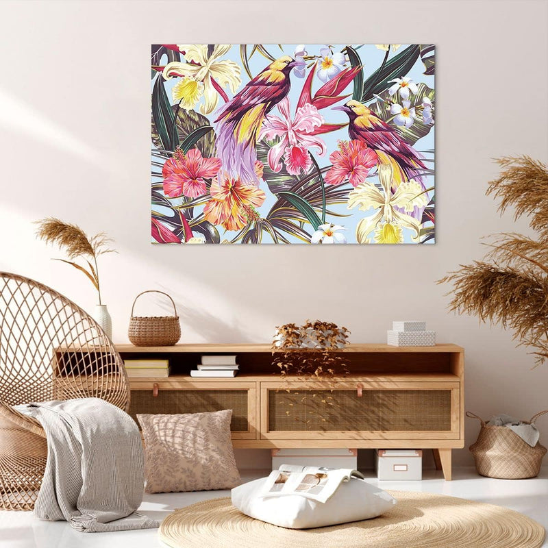 Bilder auf Leinwand 100x70cm Leinwandbild mit Rahmen Blume Vogel Sommer Gross Wanddeko Bild Schlafzi