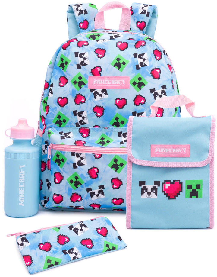 Minecraft Rucksack und Brotdose Set für Mädchen | Kinder 4-teilig Creeper Panda Herzen Blau Schulruc