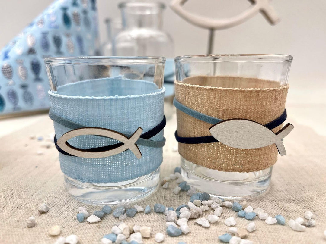 ZauberDeko Tischdeko Kommunion Konfirmation Blau Fisch Holz Tischaufsteller Set 20 Personen