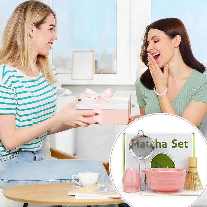 5 Stück Matcha Set, Japanisches Matcha Tee Set mit Bambusbesen, Keramik Schale mit Ausgiesser, Edels