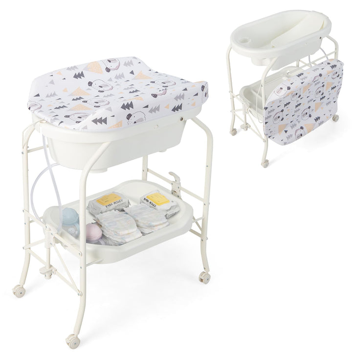 DREAMADE 2 in 1 Wickeltisch &amp; Badewanne mit Gestell, Wickeltisch Klappbar, Wickelkommode auf Rollen