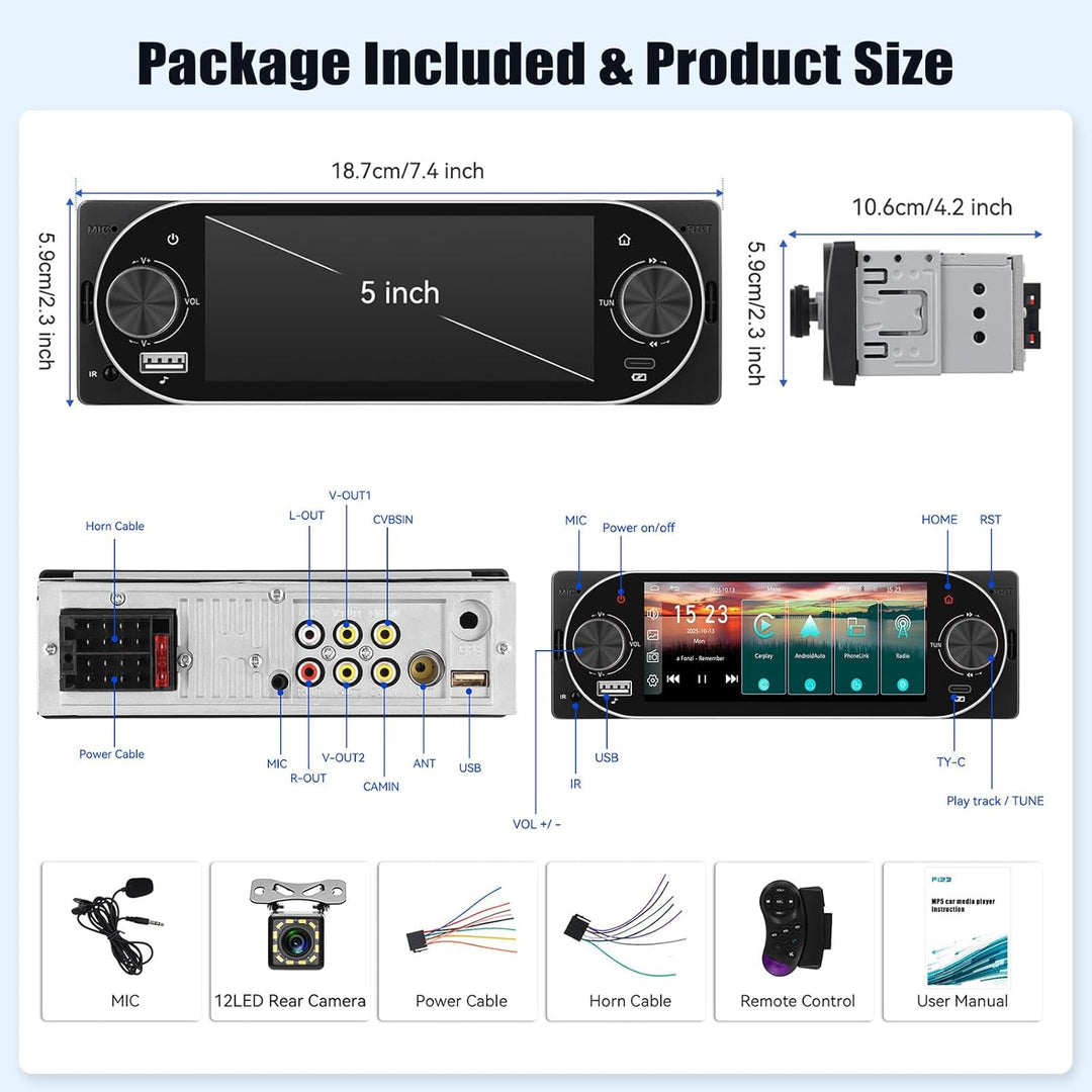 CAMECHO Autoradio 1 Din Wireless Carplay Android Auto Radio Bluetooth 5.2 mit Rückfahrkamera, 5.1 Zo