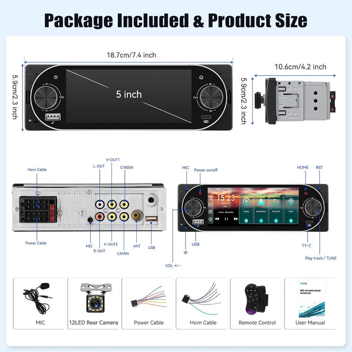CAMECHO Autoradio 1 Din Wireless Carplay Android Auto Radio Bluetooth 5.2 mit Rückfahrkamera, 5.1 Zo