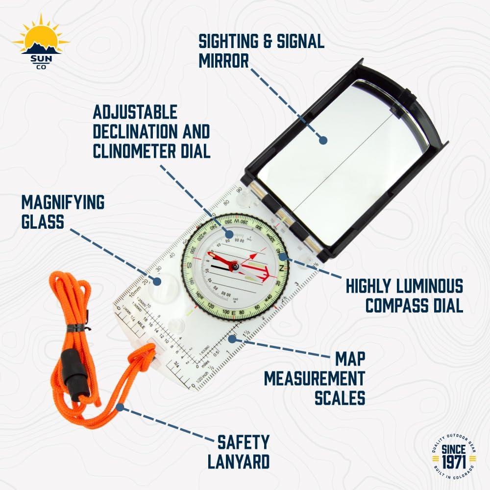 Sun Company Sighting Map Compass mit Einstellbarer Neigung - Handheld Orienteering Baseplate Compass