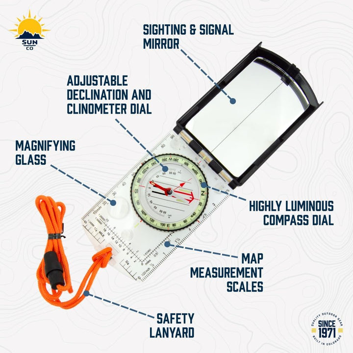 Sun Company Sighting Map Compass mit Einstellbarer Neigung - Handheld Orienteering Baseplate Compass