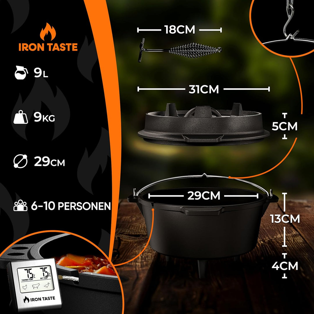 IRON TASTE Dutch Oven Set 9L - Eingebrannter Dutch Oven 9 Liter - Feuertopf Gusseiserner Topf mit Fü