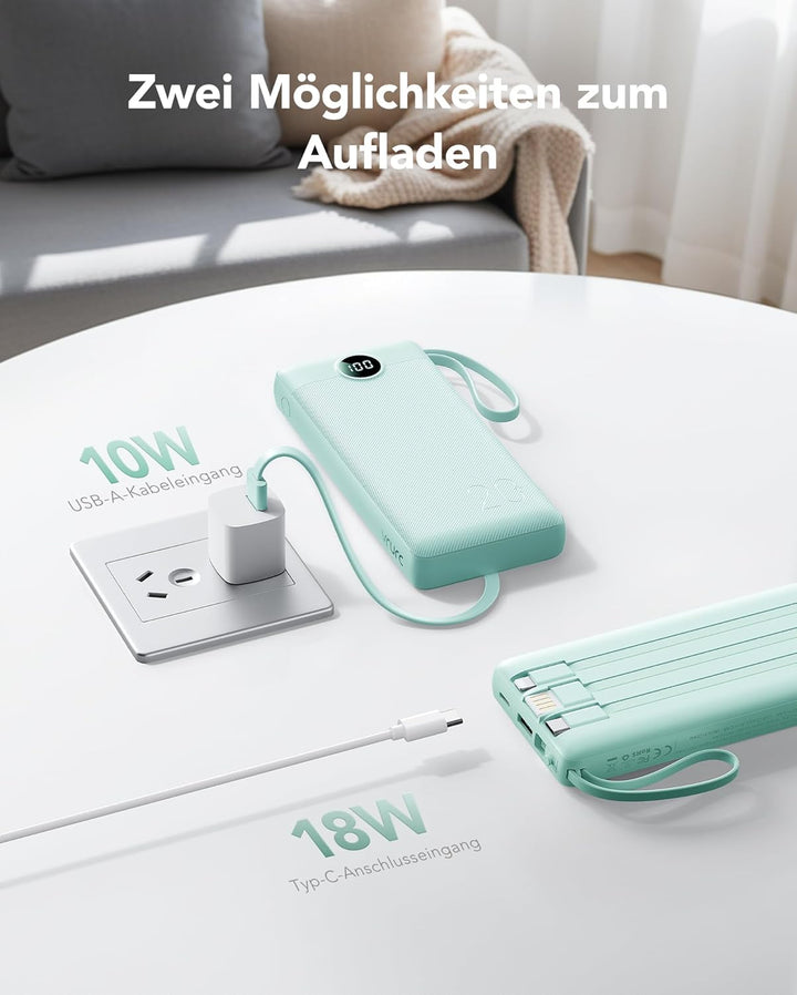 VRURC Powerbank, Power Bank 20000mAh mit Kabel USB C Schnelles Aufladen 22.5W Tragbares Ladegerät Fa