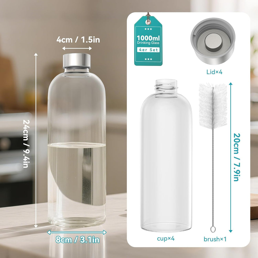 ACXIN 4er Set Glas Trinkflaschen 1000ml aus Borosilikatglas Wasserflaschen mit Edelstahldeckel &amp; Rei