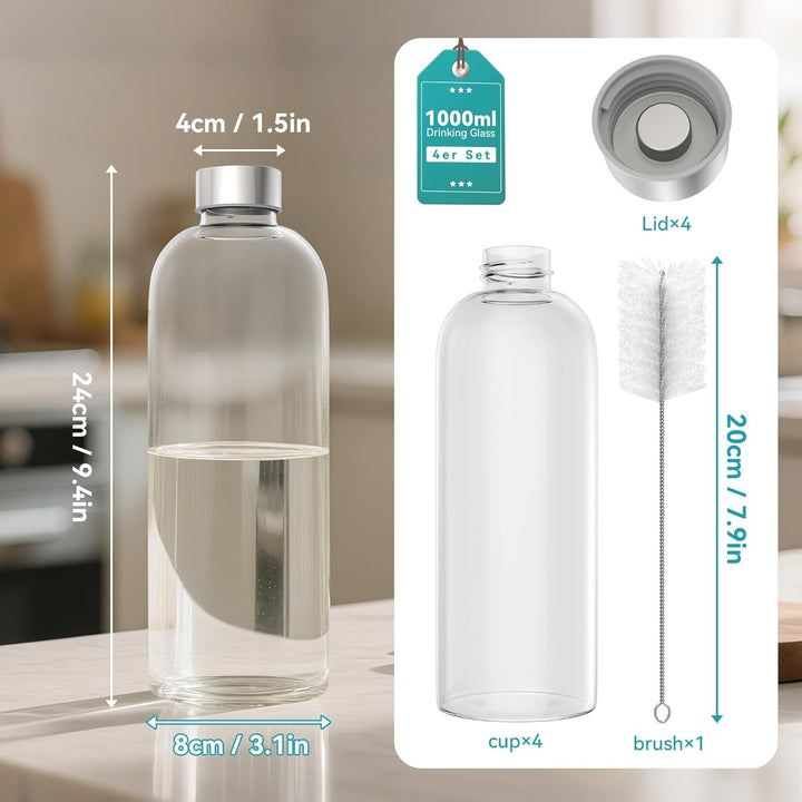 ACXIN 4er Set Glas Trinkflaschen 1000ml aus Borosilikatglas Wasserflaschen mit Edelstahldeckel &amp; Rei