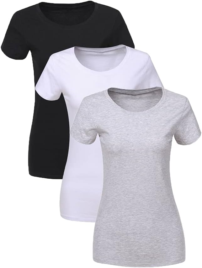 LiKing Damen T-Shirt Baumwolle Kurzarm Basic Sommer Rundhals T-Shirts Oberteile Top Bluse 1/3er Pack