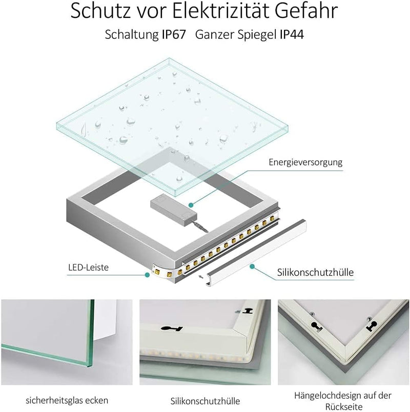 EMKE LED Badspiegel mit Beleuchtung 50x70cm Badezimmerspiegel kaltweiss Lichtspiegel Wandspiegel IP4