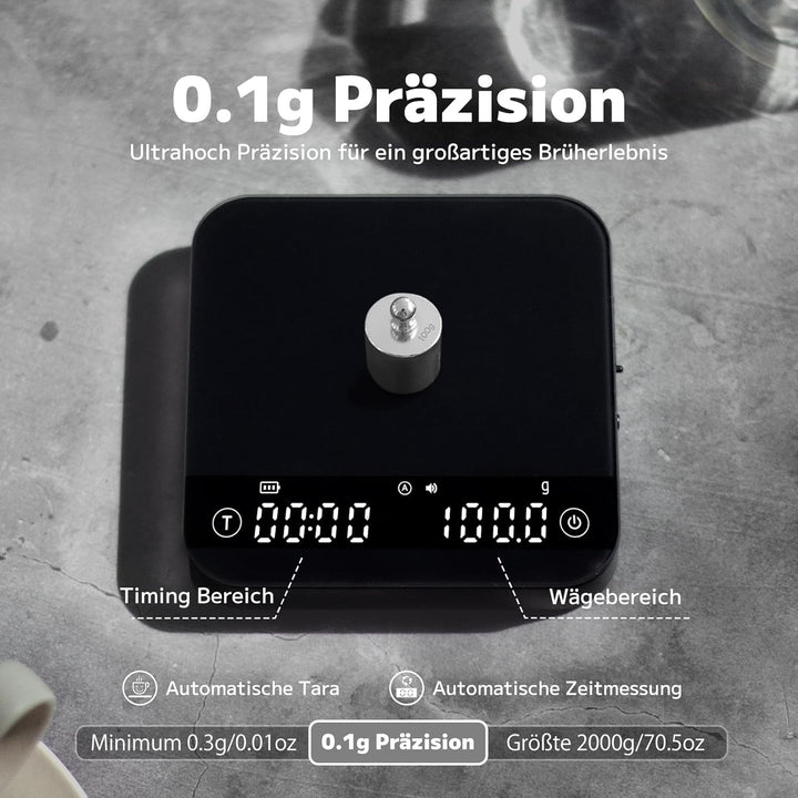 Espresso Waage mit Timer, 0.1g Genaue Kaffeewaage mit 4 Modi, Anzeige von Verhältnis und Durchflussm