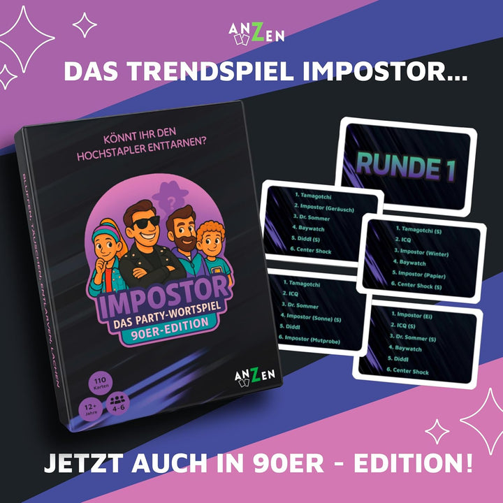 Impostor – Das Party Wortspiel 90er Edition inkl. Hilfsbegriffe | Lustiges Gesellschaftsspiel & Kart