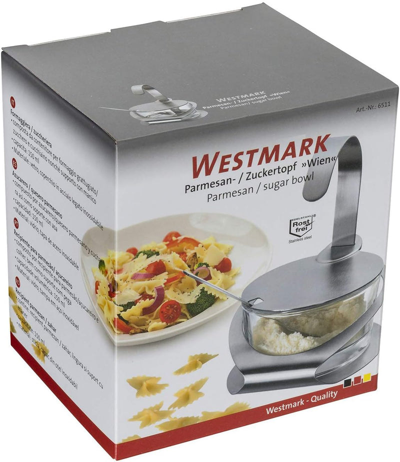 Westmark Parmesan- und Zuckertopf, Mit Ständer, Deckel und Löffel, 4-tlg., Fassungsvermögen: 150 ml,