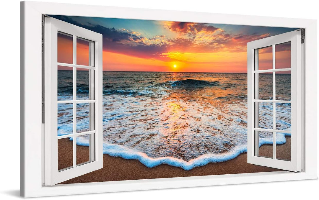 PICANOVA – Bild auf Leinwand Sonnenuntergang am Meer Fenster 100x50cm – Leinwandbild – Premium Leinw