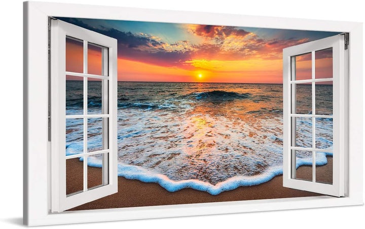 PICANOVA – Bild auf Leinwand Sonnenuntergang am Meer Fenster 100x50cm – Leinwandbild – Premium Leinw