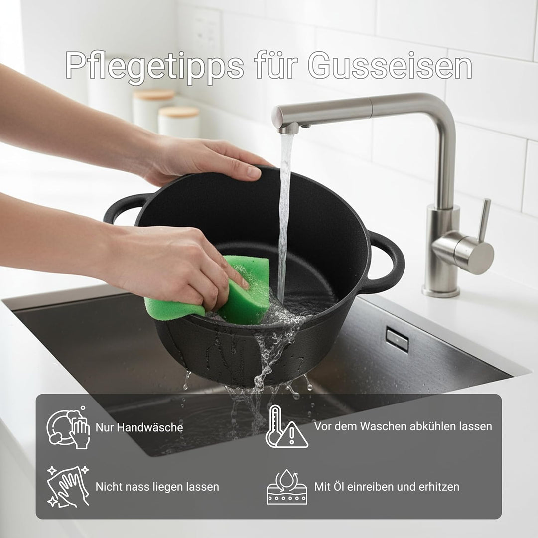BIOL Gusseisen Topf mit Deckel Ø 25 cm 5L für Küche Backen Schmoren Braten Antihaftwirkung, für alle