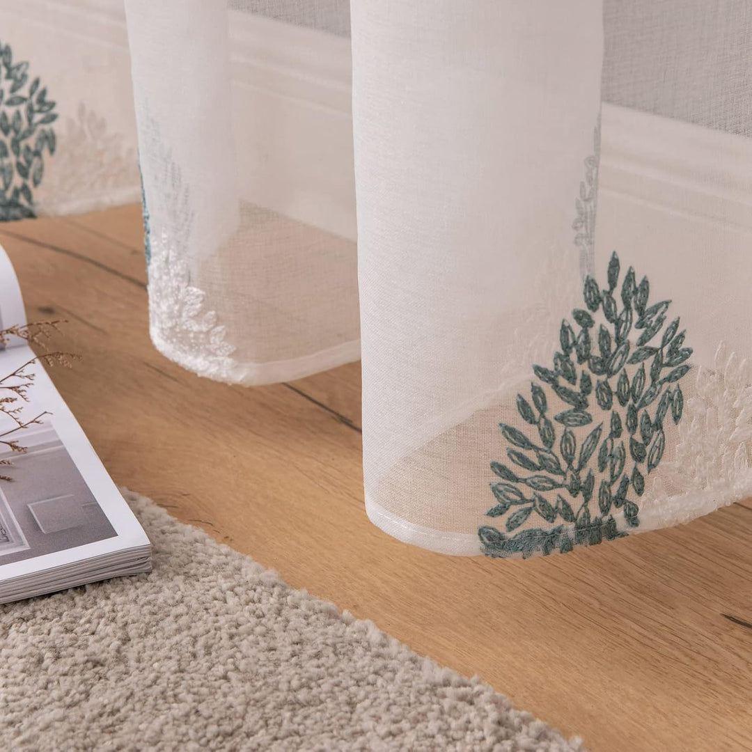 MIULEE Wohnzimmer Vorhänge Transparent mit Türkis und Weiss Blätter Muster, Modern Stickerei Gardine