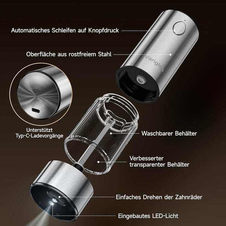 Variglas Salz und Pfeffermühlen Elektrische 2er Set mit USB Wiederaufladbarer,Verbesserte grosse Kap