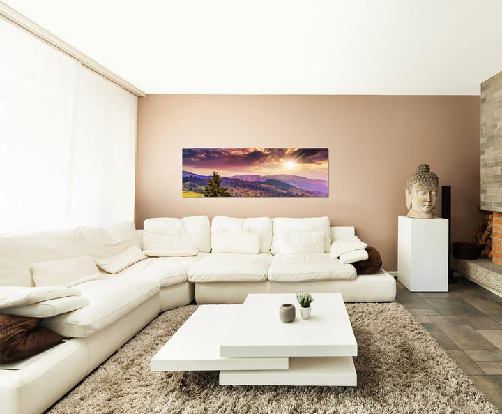 Paul Sinus Art Panoramabild auf Leinwand und Keilrahmen 150x50cm Berge Wald Wiesen Wolken Sonnenaufg