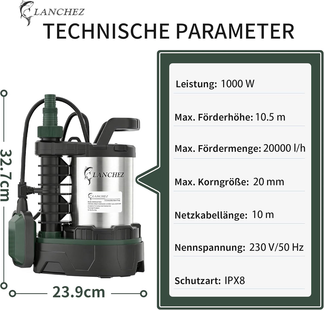 LANCHEZ Tauchpumpe 1000W, 20.000 l/h Förderleistung, Einstellbarer Abwasser-/Sauberwasser-Modus, För