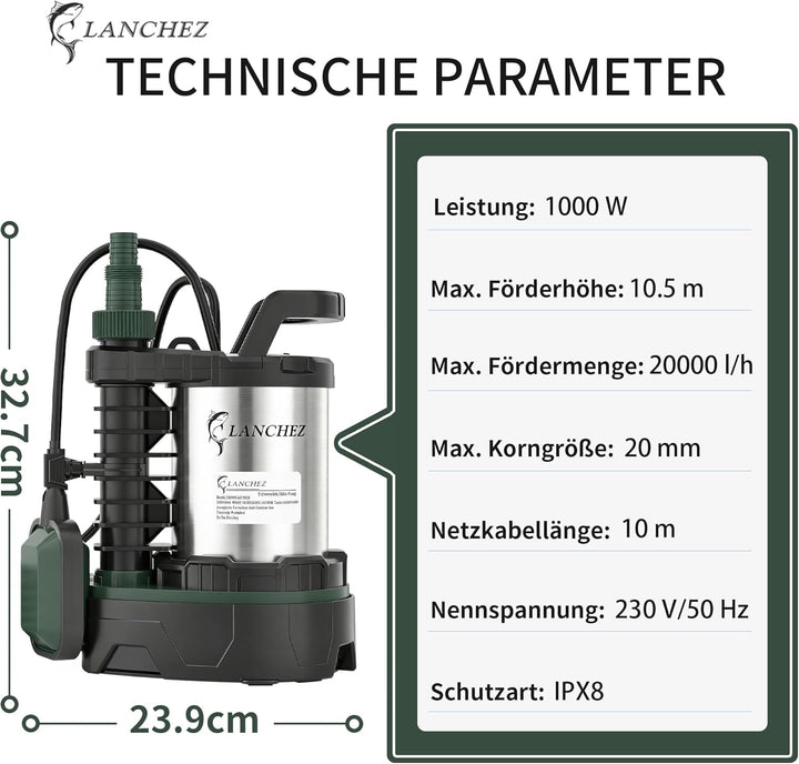 LANCHEZ Tauchpumpe 1000W, 20.000 l/h Förderleistung, Einstellbarer Abwasser-/Sauberwasser-Modus, För