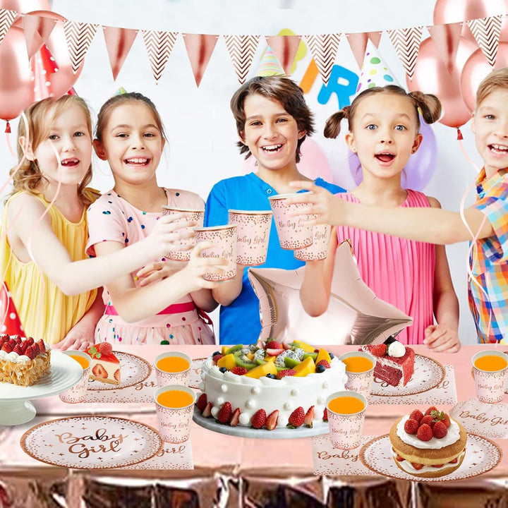 89 Stück Baby Girl Geburtstag Party Geschirr Ballon,Pappteller Set einschliesslich Tischdecke Teller
