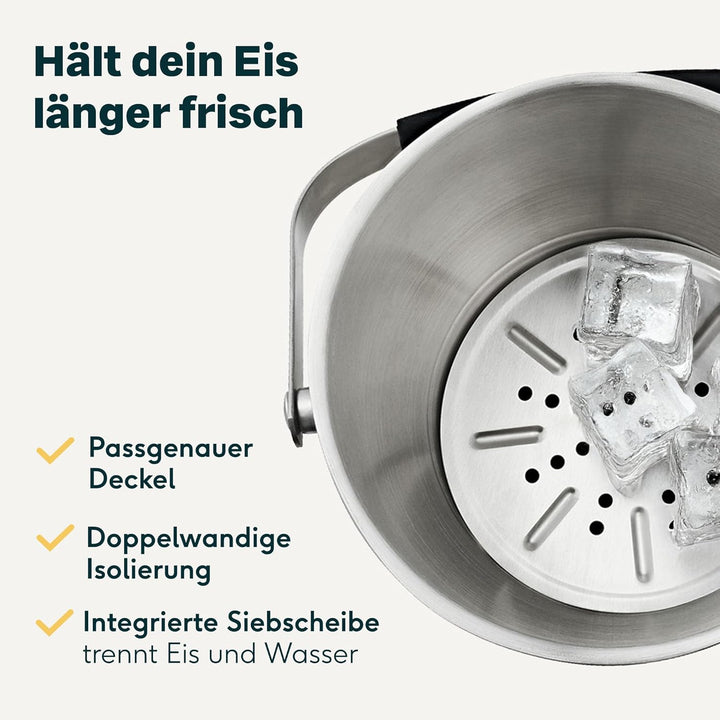 SILBERTHAL Grosser Eiseimer 3L mit Deckel und Zange - Edelstahl - Doppelwandig Isoliert - Eiswürfelb