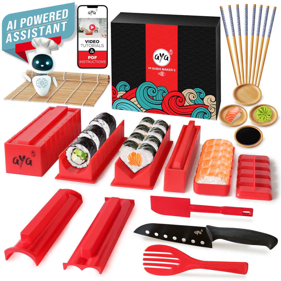 AYA Sushi Maker Kit Sushi Maker Rot Komplett mit Sushi Messer und Exklusiv Video Tutorials 11 Stück