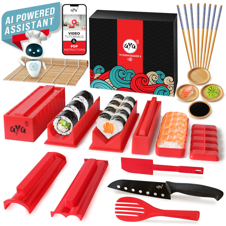 AYA Sushi Maker Kit Sushi Maker Rot Komplett mit Sushi Messer und Exklusiv Video Tutorials 11 Stück