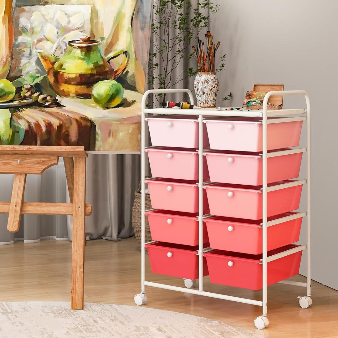 GOPLUS Rollwagen mit 10 Schubladen stapelbar, Rollcontainer mit Ablage & Metallgestell, Badregal, Au