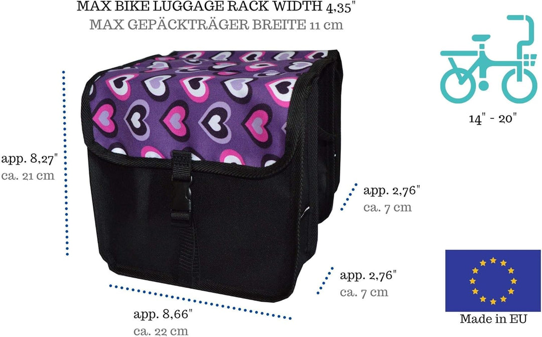 Beluko FAHRRADTASCHE 14-20 Zoll Kinder Satteltasche Gepäckträgetasche Doppel 2 x 5l 6. Mini - Herz,