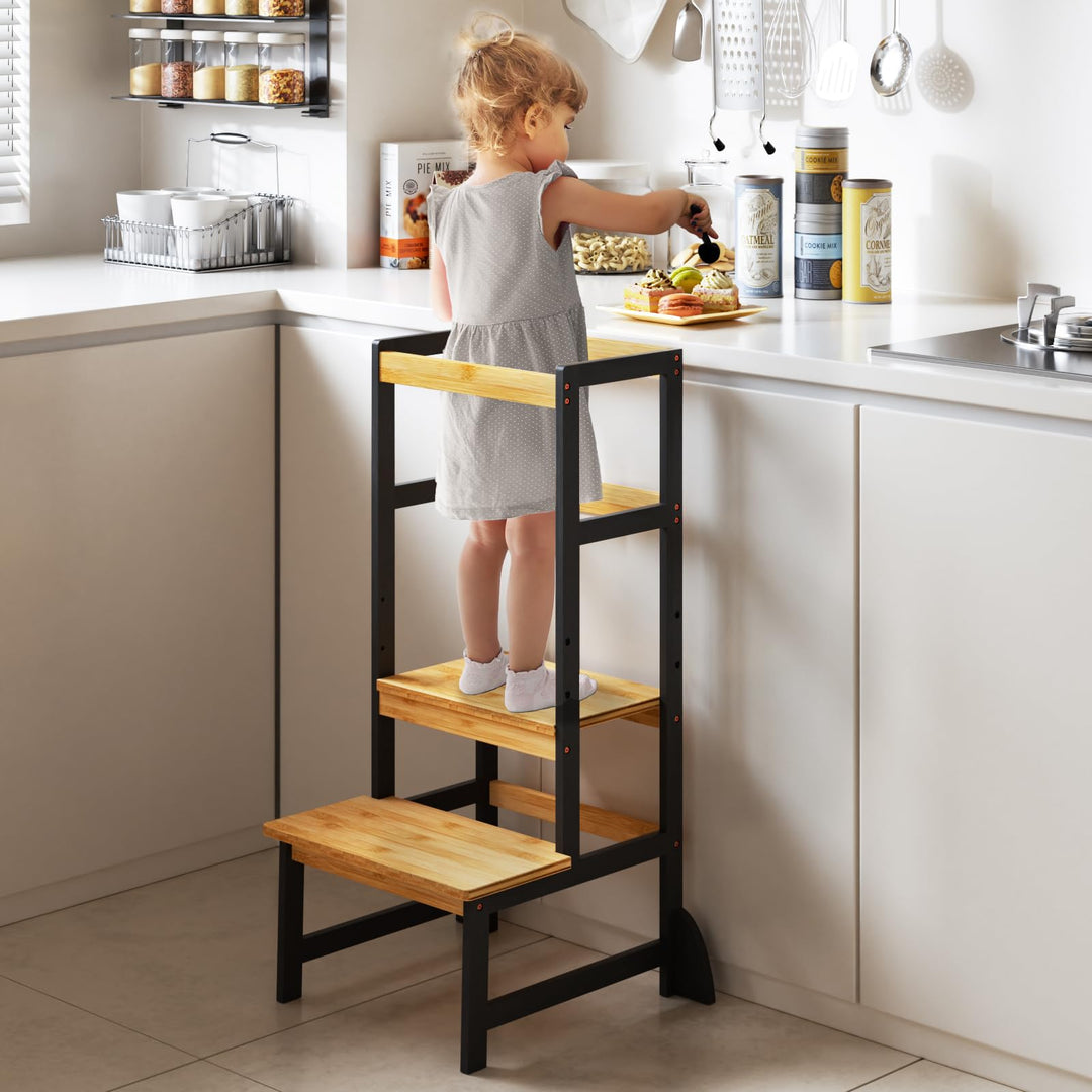 Lernturm für Kinder, Stylisch Kippschutz Montessori Höhenverstellbar Learning Tower aus 100% Natürli