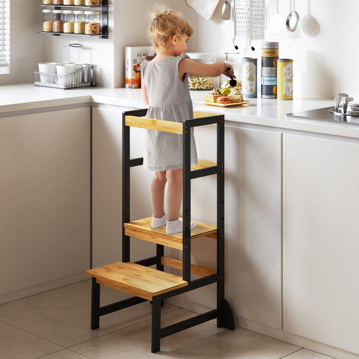 Lernturm für Kinder, Stylisch Kippschutz Montessori Höhenverstellbar Learning Tower aus 100% Natürli
