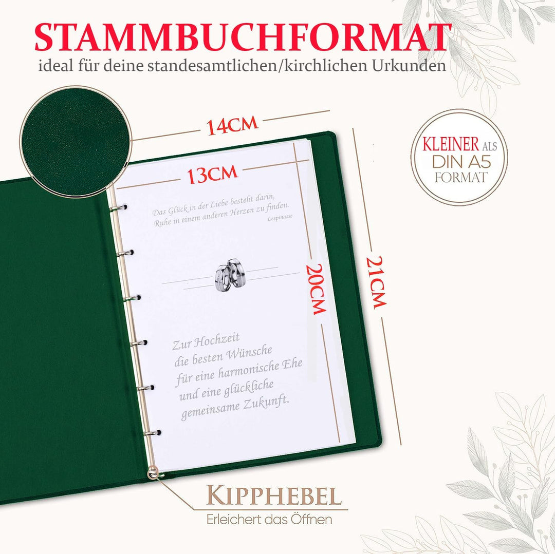 Stammbuch Herzen, grün, Velours, Herzprägung Gold, Stammbuchformat