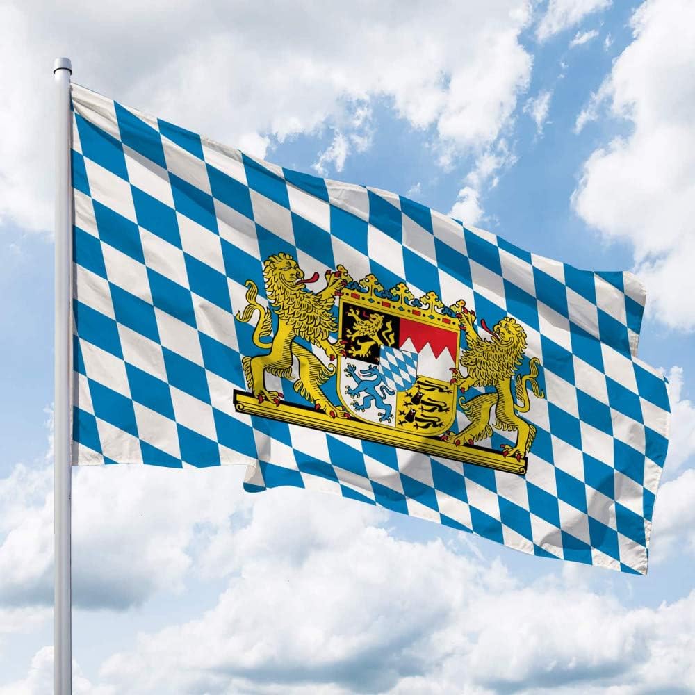 Bayern Flagge – 150 x 100 cm für Fahnenmast, Bayern Fahne mit Löwen-Wappen & Raute, Hissflagge aus r