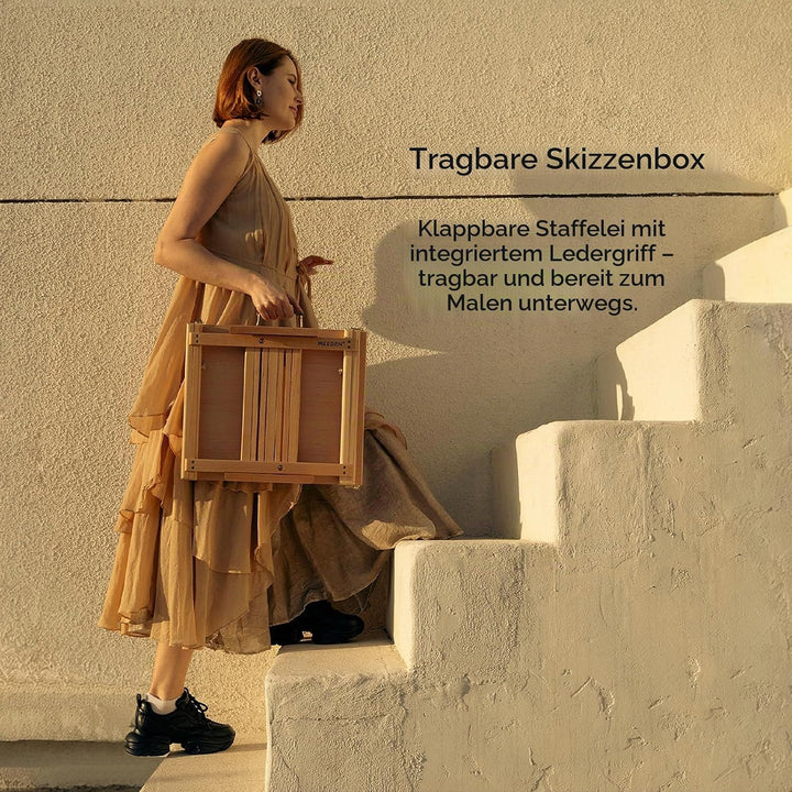 MEEDEN Skizzenkasten Tischstaffelei mit Metallschublade - Verstellbare Staffelei &amp; Skizzenbox aus ma