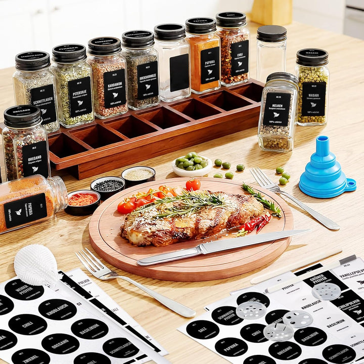 Gewürzgläser Eckig Set 24er, Gewürzdosen Glas 120ml, Gewürzstreuer Mit Schwarz Deckel, Gewürz Organi
